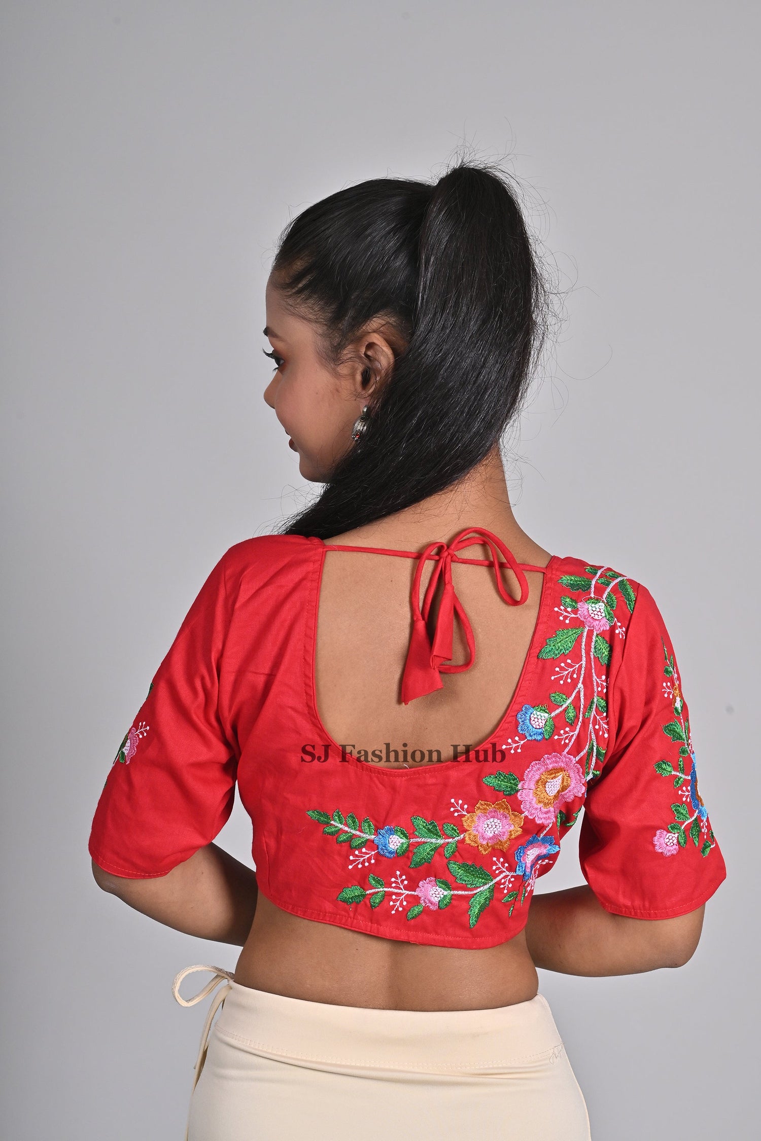 Latest Design Red Cotton Embroidered Blouse for Women (Sizes 26-42) - Cool Half Sleeve, Round Neck, Floral Design, Non-Padded