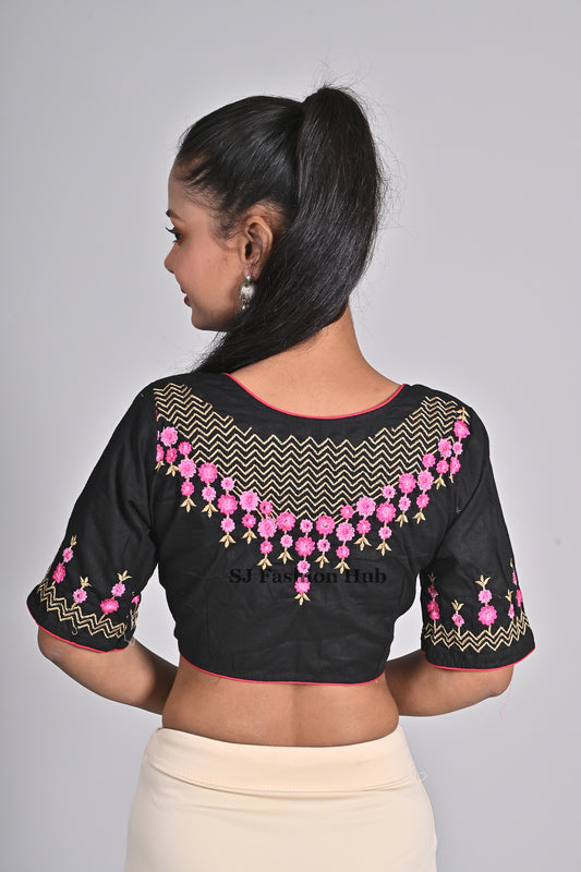 Black Floral Embroidery Blouse - Timeless Style, Half Sleeve Cotton | Front Open, Non-Padded | Women's Sizes 26-42