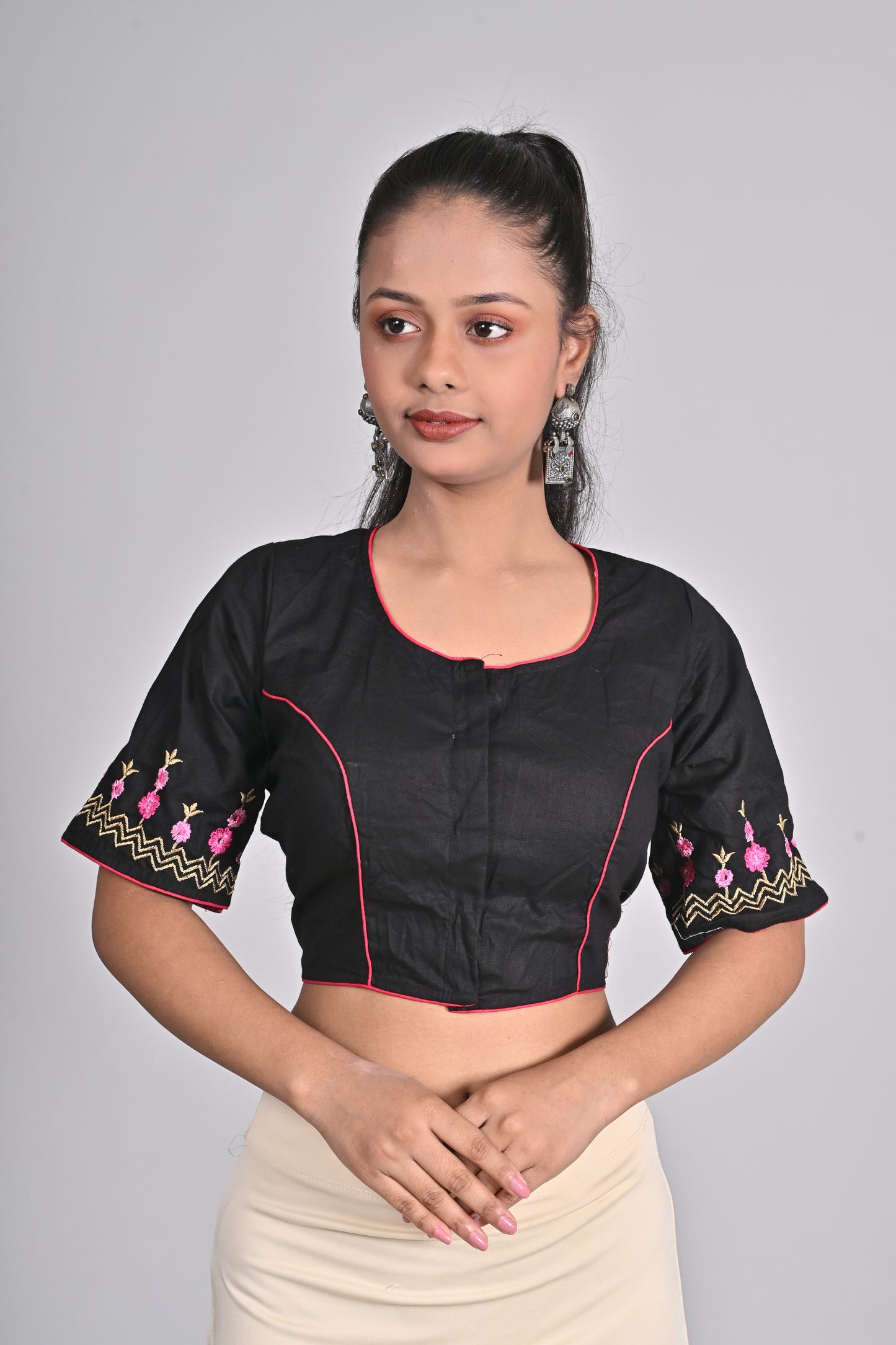 Black Floral Embroidery Blouse - Timeless Style, Half Sleeve Cotton | Front Open, Non-Padded | Women's Sizes 26-42