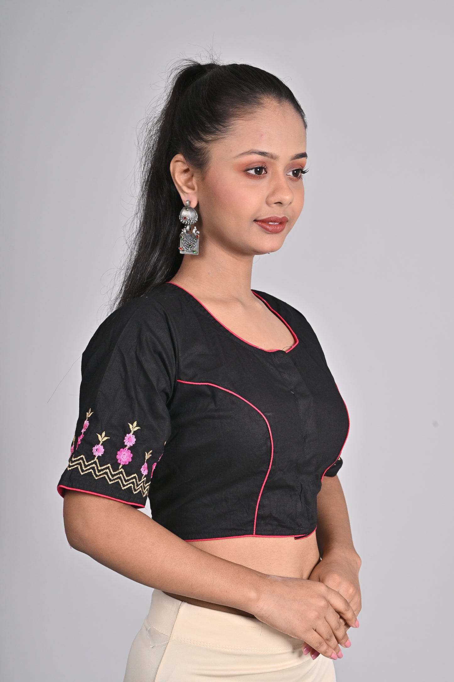 Black Floral Embroidery Blouse - Timeless Style, Half Sleeve Cotton | Front Open, Non-Padded | Women's Sizes 26-42