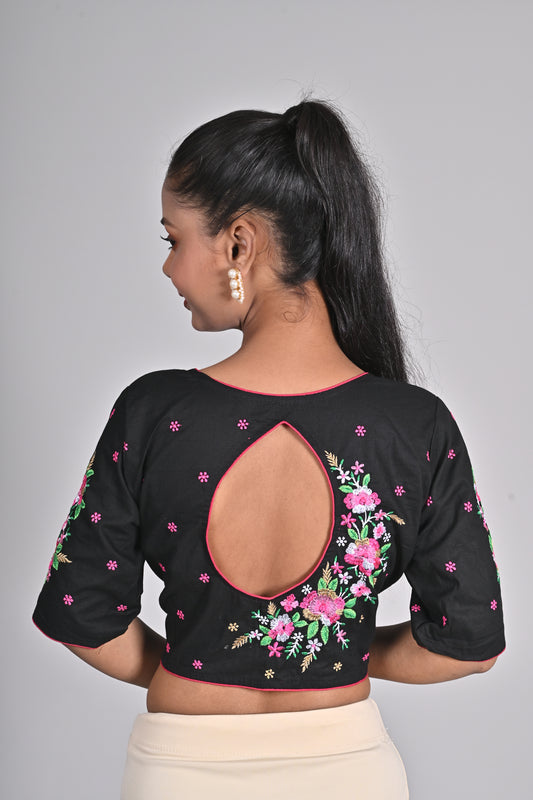 Elegant Black Embroidered Blouse for Women - Cool Cotton, Half Sleeve, Round Neck, Floral Design | Readymade, Non-Padded | Sizes 26-42