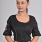 Elegant Black Embroidered Blouse for Women - Cool Cotton, Half Sleeve, Round Neck, Floral Design | Readymade, Non-Padded | Sizes 26-42