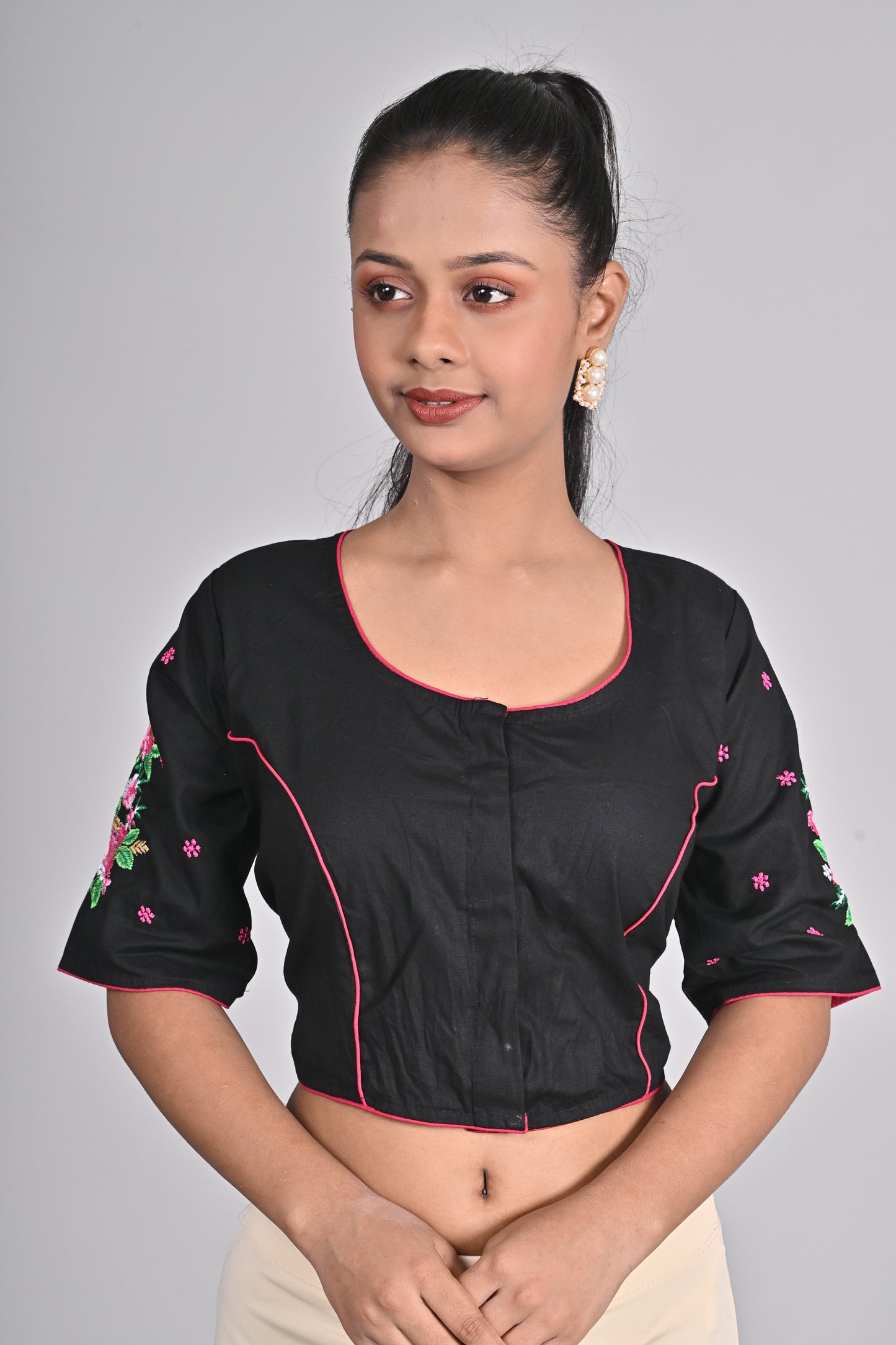 Elegant Black Embroidered Blouse for Women - Cool Cotton, Half Sleeve, Round Neck, Floral Design | Readymade, Non-Padded | Sizes 26-42