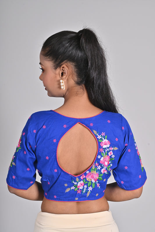 Latest Design Blue Cotton Embroidered Blouse for Women (Sizes 26-42) - Cool Half Sleeve, Round Neck, Floral Design, Non-Padded