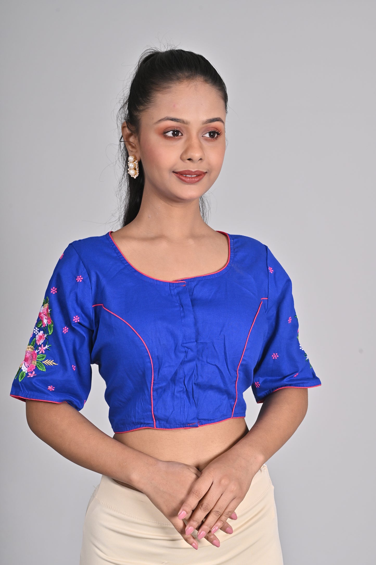 Latest Design Blue Cotton Embroidered Blouse for Women (Sizes 26-42) - Cool Half Sleeve, Round Neck, Floral Design, Non-Padded