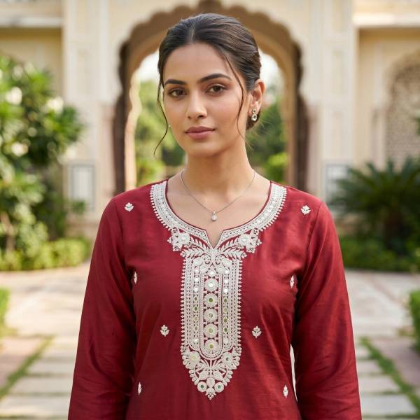 Red Cotton Embroidered Kurti for Women (Straight Fit)