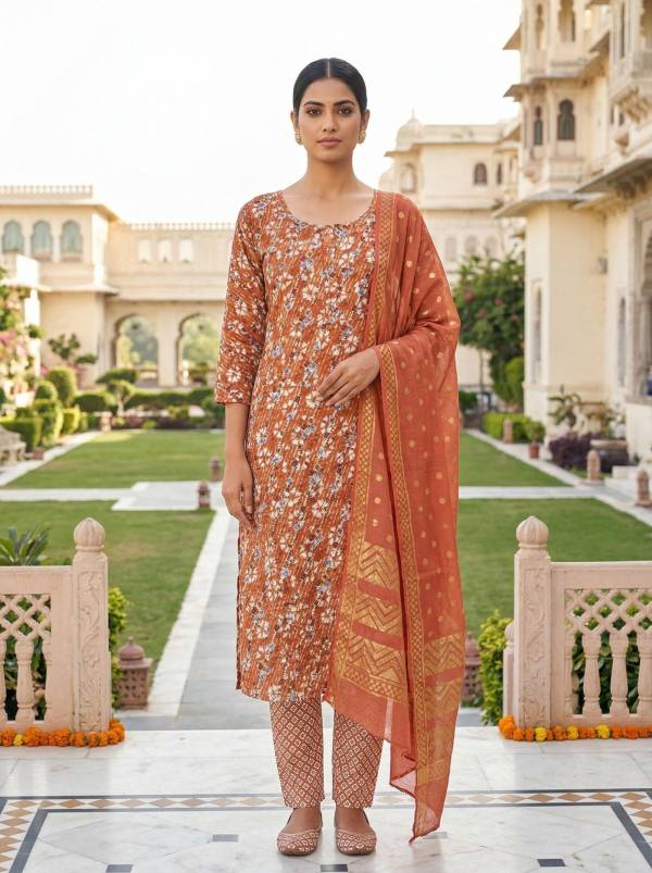 Floral Rust Orange Cotton Printed Kurti Pant Dupatta Set (3 Pc)