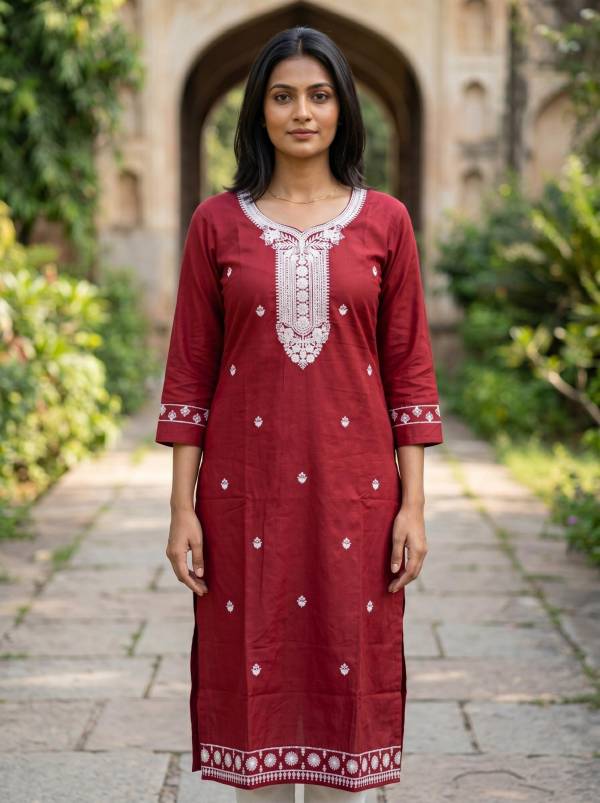 Red Cotton Embroidered Kurti for Women (Straight Fit) Thumbnail