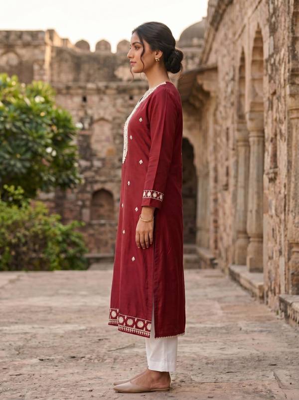 Red Cotton Embroidered Kurti for Women (Straight Fit) Thumbnail