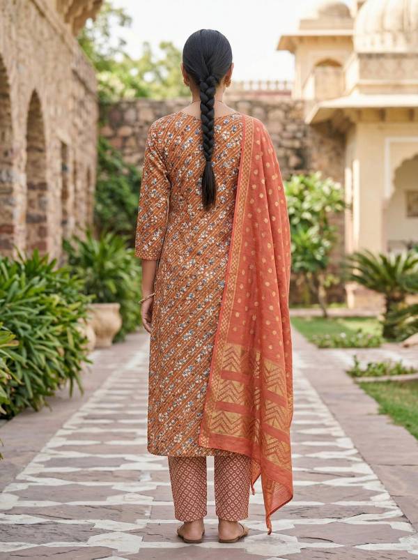 Floral Rust Orange Cotton Printed Kurti Pant Dupatta Set (3 Pc) Thumbnail