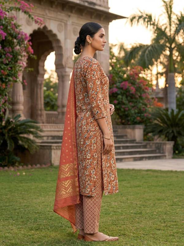 Floral Rust Orange Cotton Printed Kurti Pant Dupatta Set (3 Pc) Thumbnail
