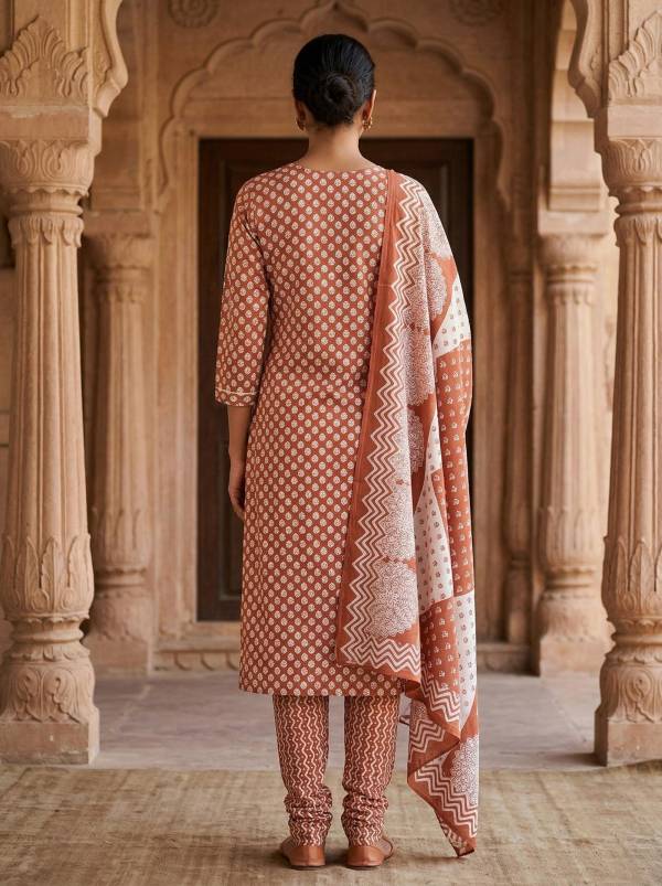 Rust Brown Cotton Printed Kurti Pant Dupatta Set (3 Pc Ethnic Set) Thumbnail