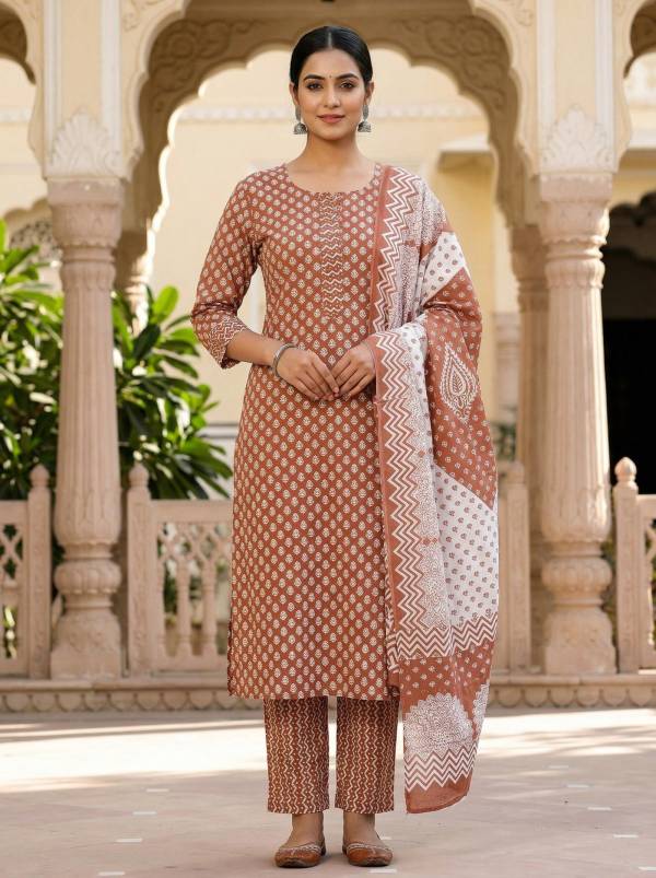 Rust Brown Cotton Printed Kurti Pant Dupatta Set (3 Pc Ethnic Set) Thumbnail