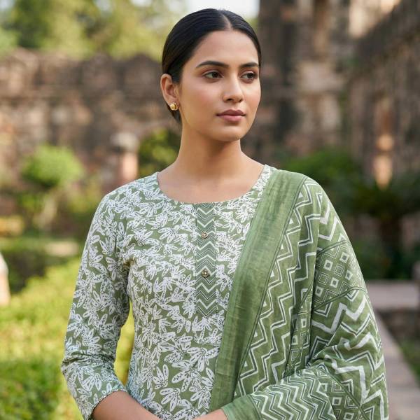 Olive Green Cotton Printed Kurti Pant Dupatta Set (3 Pc Ethnic Set)