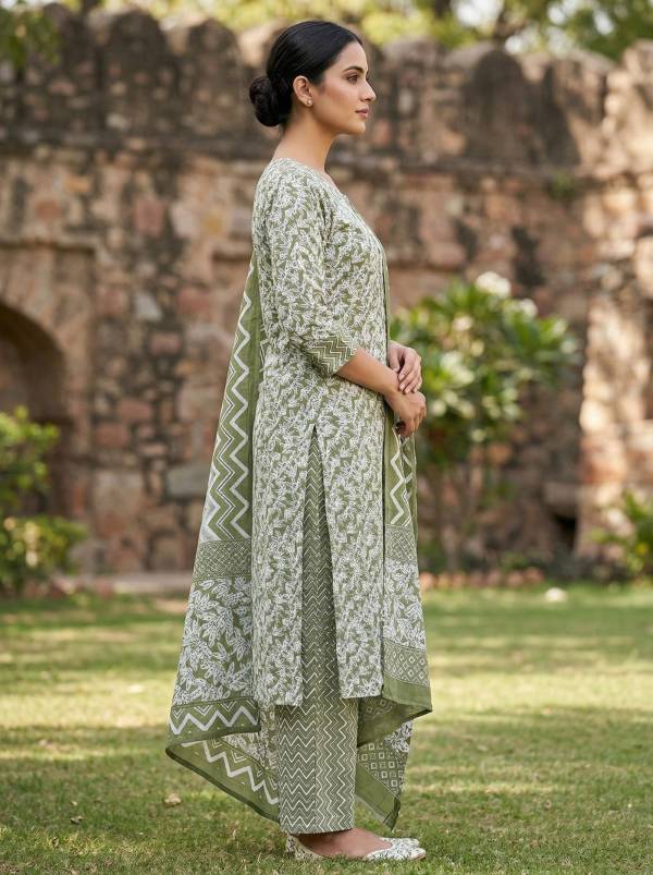 Olive Green Cotton Printed Kurti Pant Dupatta Set (3 Pc Ethnic Set) Thumbnail