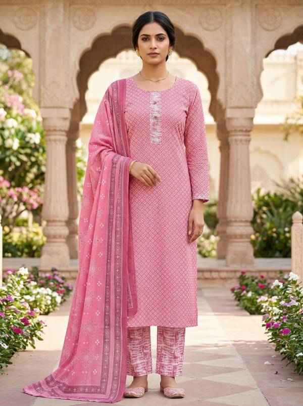 Pink Cotton Printed Kurti Pant Dupatta Set (3 Pc Ethnic Set)