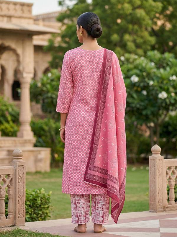 Pink Cotton Printed Kurti Pant Dupatta Set (3 Pc Ethnic Set) Thumbnail