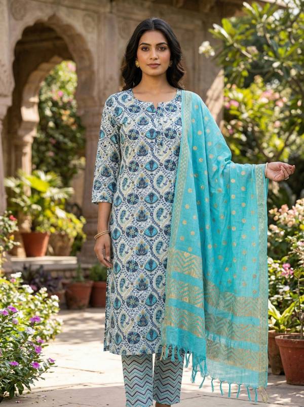 Sky Blue Cotton Printed Kurti Pant Dupatta Set (3 Pc Ethnic Set)
