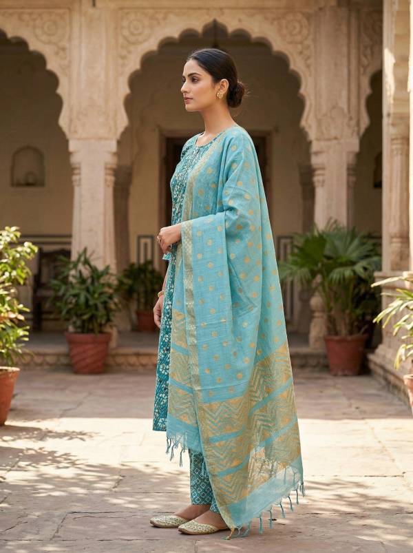Teal Blue Cotton Printed Kurti Pant Dupatta Set (3 Pc Ethnic Set) Thumbnail