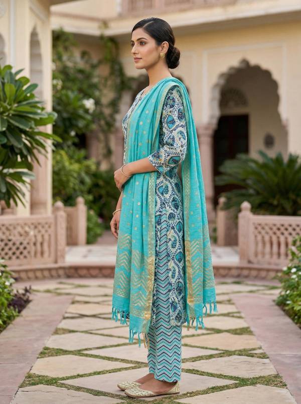 Sky Blue Cotton Printed Kurti Pant Dupatta Set (3 Pc Ethnic Set) Thumbnail