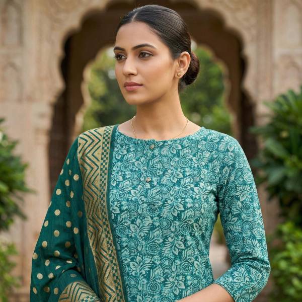 Teal Green Cotton Printed Kurti Pant Dupatta Set (3 Pc Ethnic Set) Thumbnail
