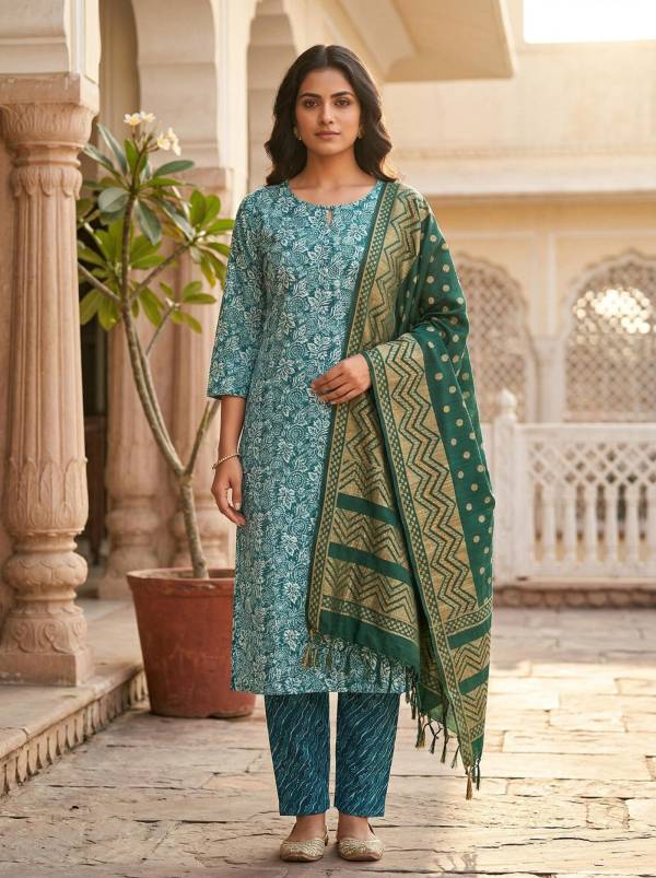 Teal Green Cotton Printed Kurti Pant Dupatta Set (3 Pc Ethnic Set)