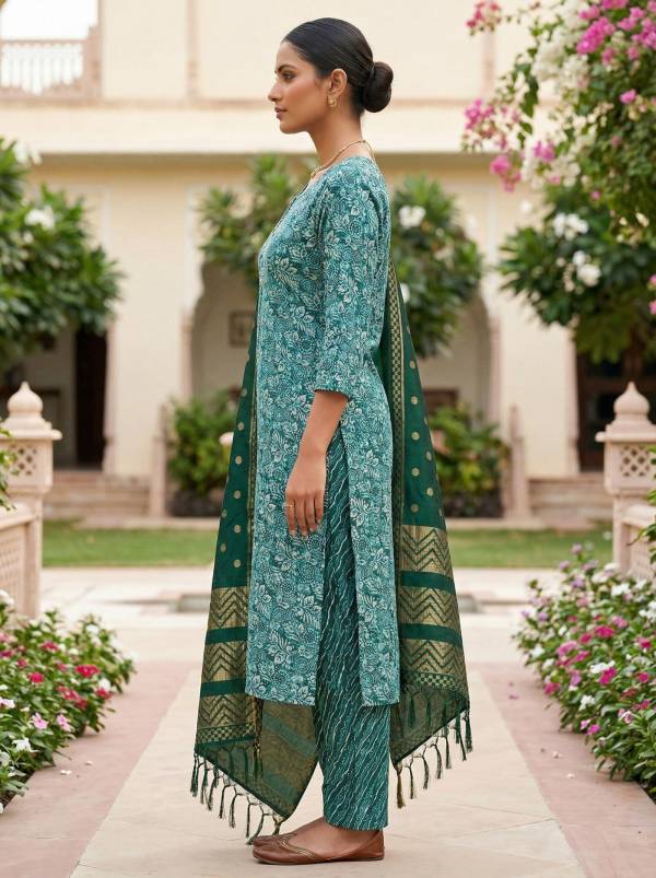 Teal Green Cotton Printed Kurti Pant Dupatta Set (3 Pc Ethnic Set) Thumbnail