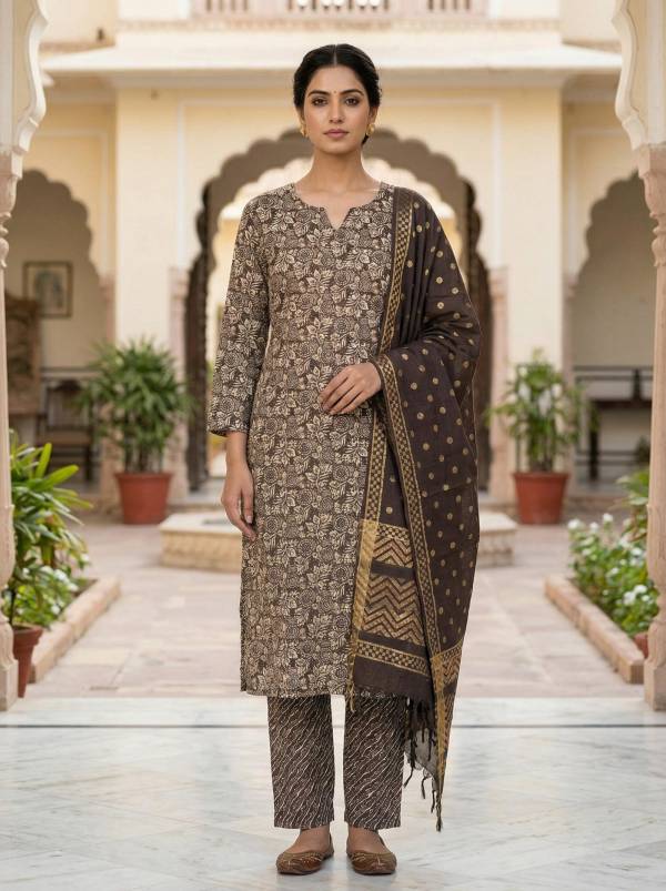 Brown Cotton Printed Kurti Pant Dupatta Set (3 Pc Ethnic Set)
