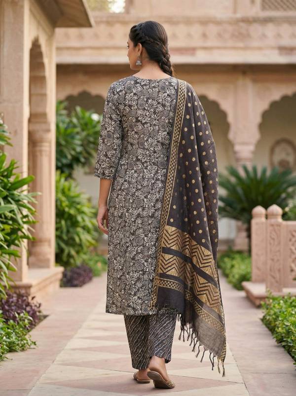 Brown Cotton Printed Kurti Pant Dupatta Set (3 Pc Ethnic Set) Thumbnail