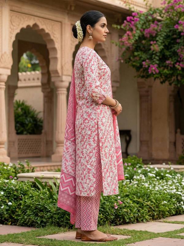 Dusty Pink Cotton Printed Kurti Pant Dupatta Set (3 Pc Ethnic Set) Thumbnail