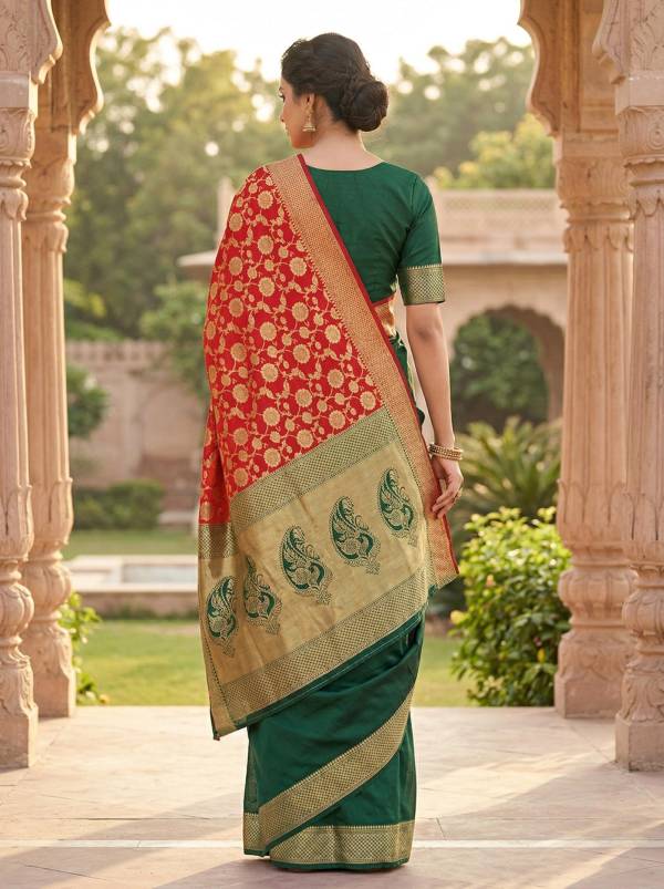 Red Green Banarasi Style Silk Saree with Zari Border & Pallu