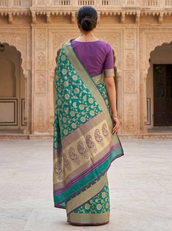 Teal Green & Purple Banarasi Style Silk Saree with Zari Border & Pallu Thumbnail