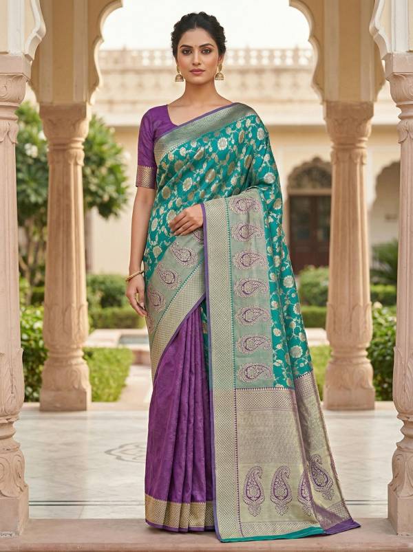Teal Green & Purple Banarasi Style Silk Saree with Zari Border & Pallu Thumbnail