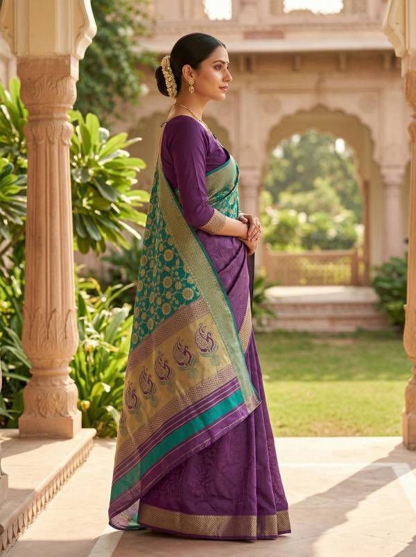 Teal Green & Purple Banarasi Style Silk Saree with Zari Border & Pallu