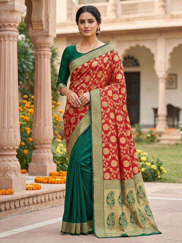 Red Green Banarasi Style Silk Saree with Zari Border & Pallu Thumbnail