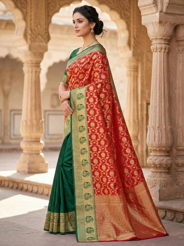 Red Green Banarasi Style Silk Saree with Zari Border & Pallu Thumbnail