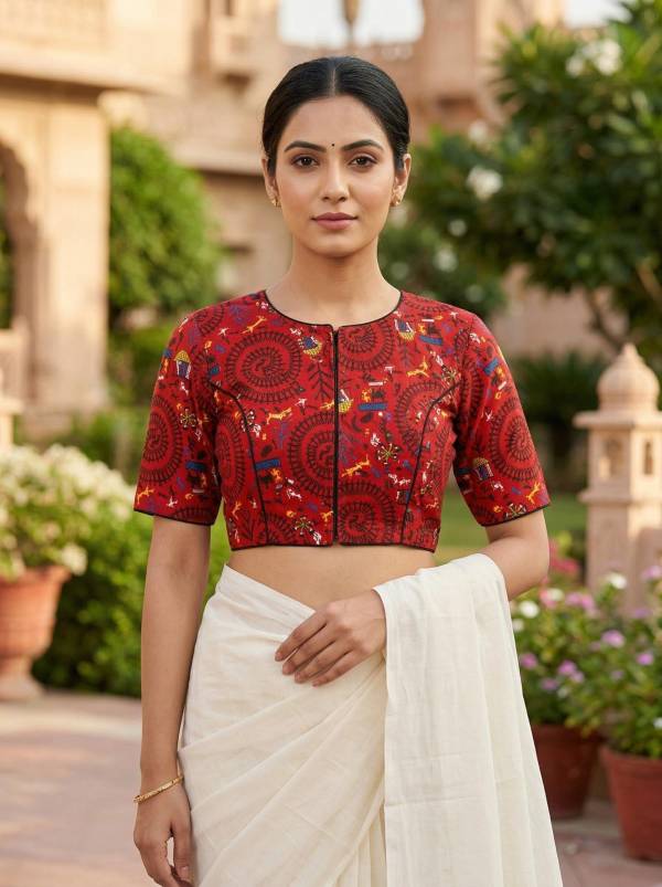 Red Madhubani Printed Cotton Blouse Half Sleeve (Size 30–42) Thumbnail