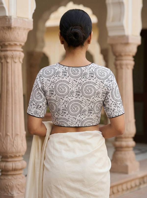 White Cotton Madhubani Printed Blouse Half Sleeve (Size 30–42)