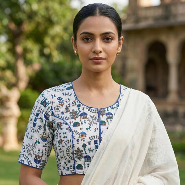 White Blue Madhubani Printed Cotton Blouse Half Sleeve (Size 30–42) Thumbnail