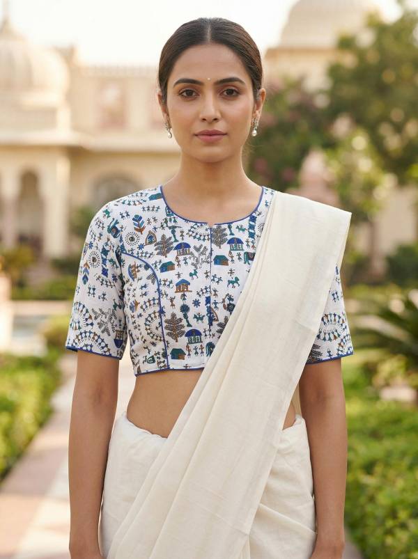 White Blue Madhubani Printed Cotton Blouse Half Sleeve (Size 30–42) Thumbnail