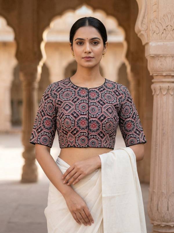 Black Ajrakh Printed Cotton Blouse Half Sleeve (Size 30–42) Thumbnail