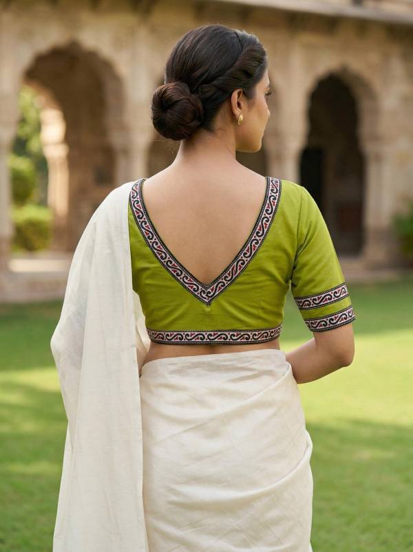Green Pure Cotton Designer Blouse with Back V Neck & Border (Size 30–44)