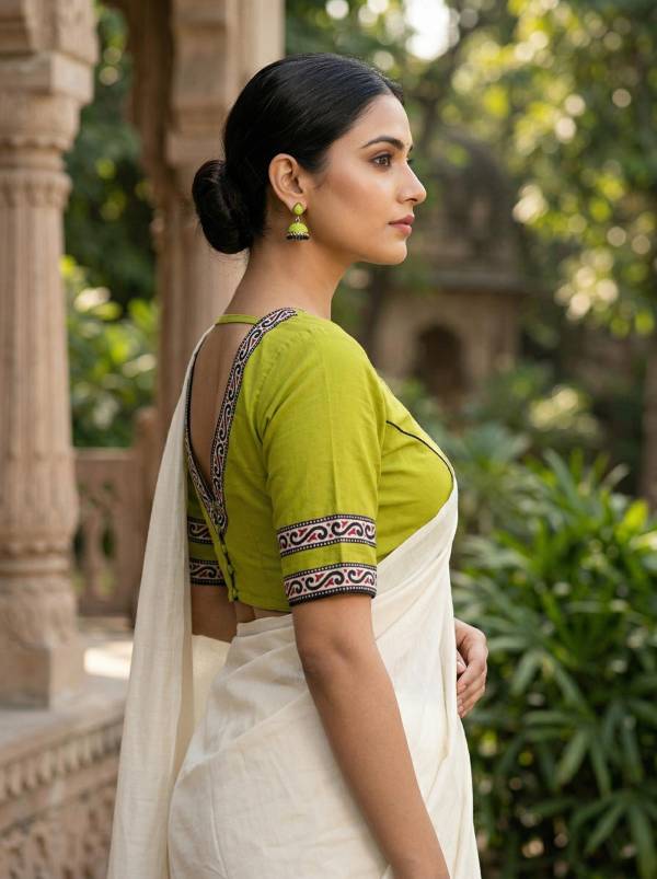 Green Pure Cotton Designer Blouse with Back V Neck & Border (Size 30–44) Thumbnail