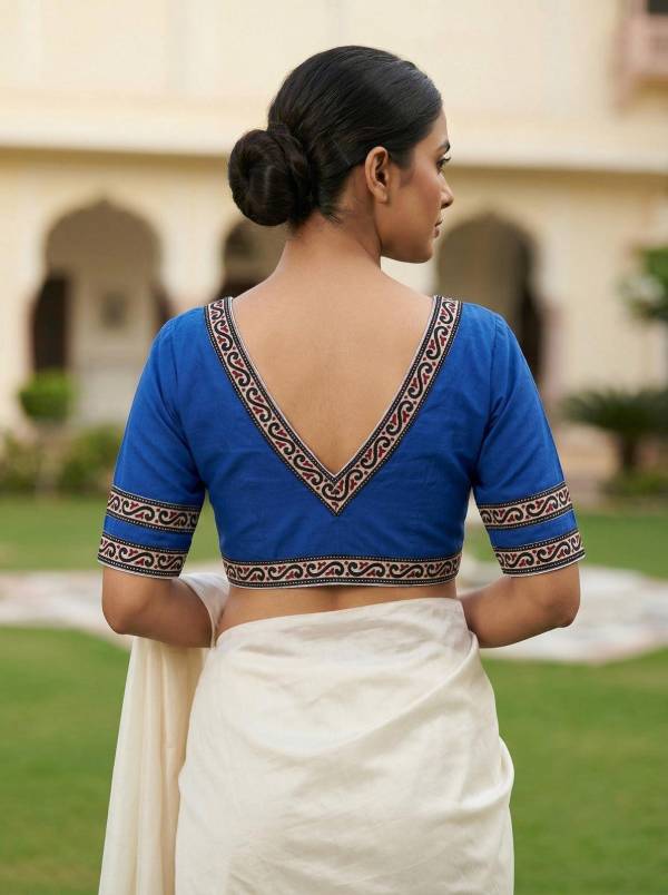 Royal Blue Pure Cotton Saree Blouse – V Neck, Front Hook (Sizes 30–42)