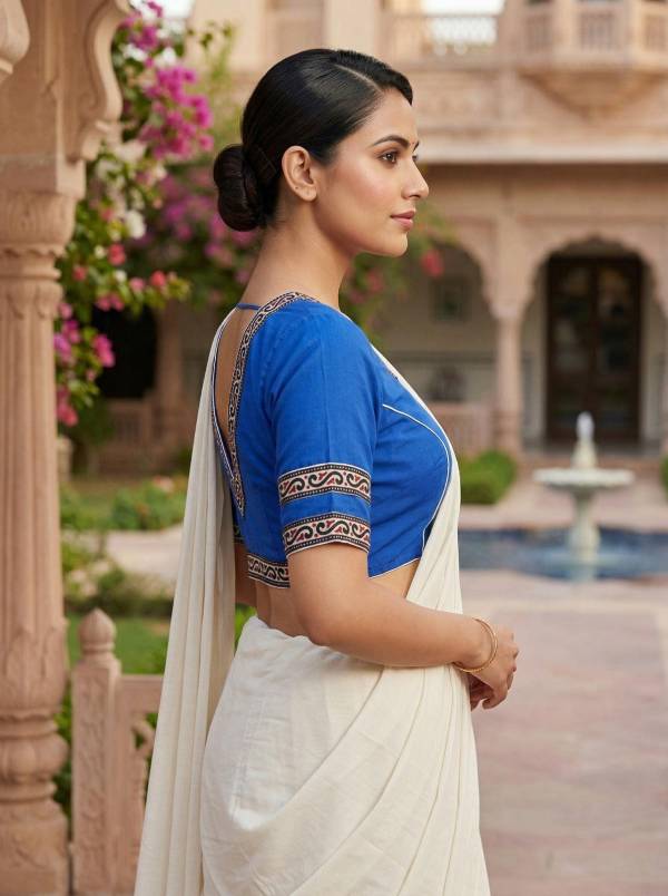 Royal Blue Pure Cotton Saree Blouse – V Neck, Front Hook (Sizes 30–42) Thumbnail