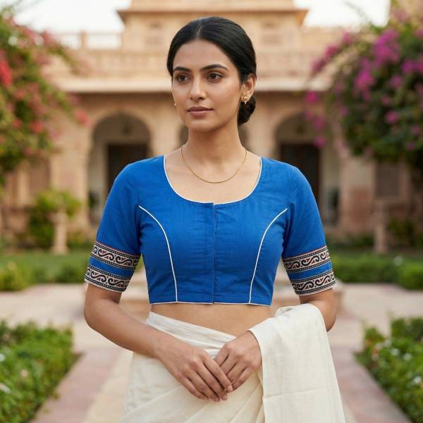 Royal Blue Pure Cotton Saree Blouse – V Neck, Front Hook (Sizes 30–42) Thumbnail