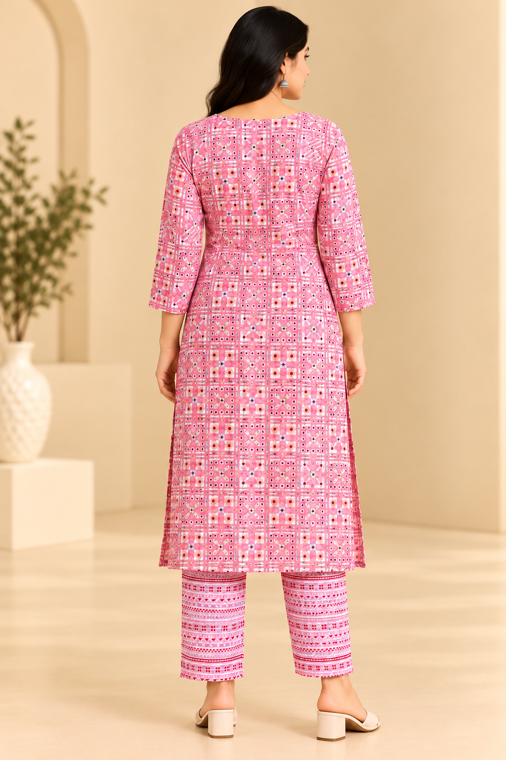 Women Pink Printed Kurta Pant Set | Geometric Print 2 Piece Ethnic Wear Thumbnail