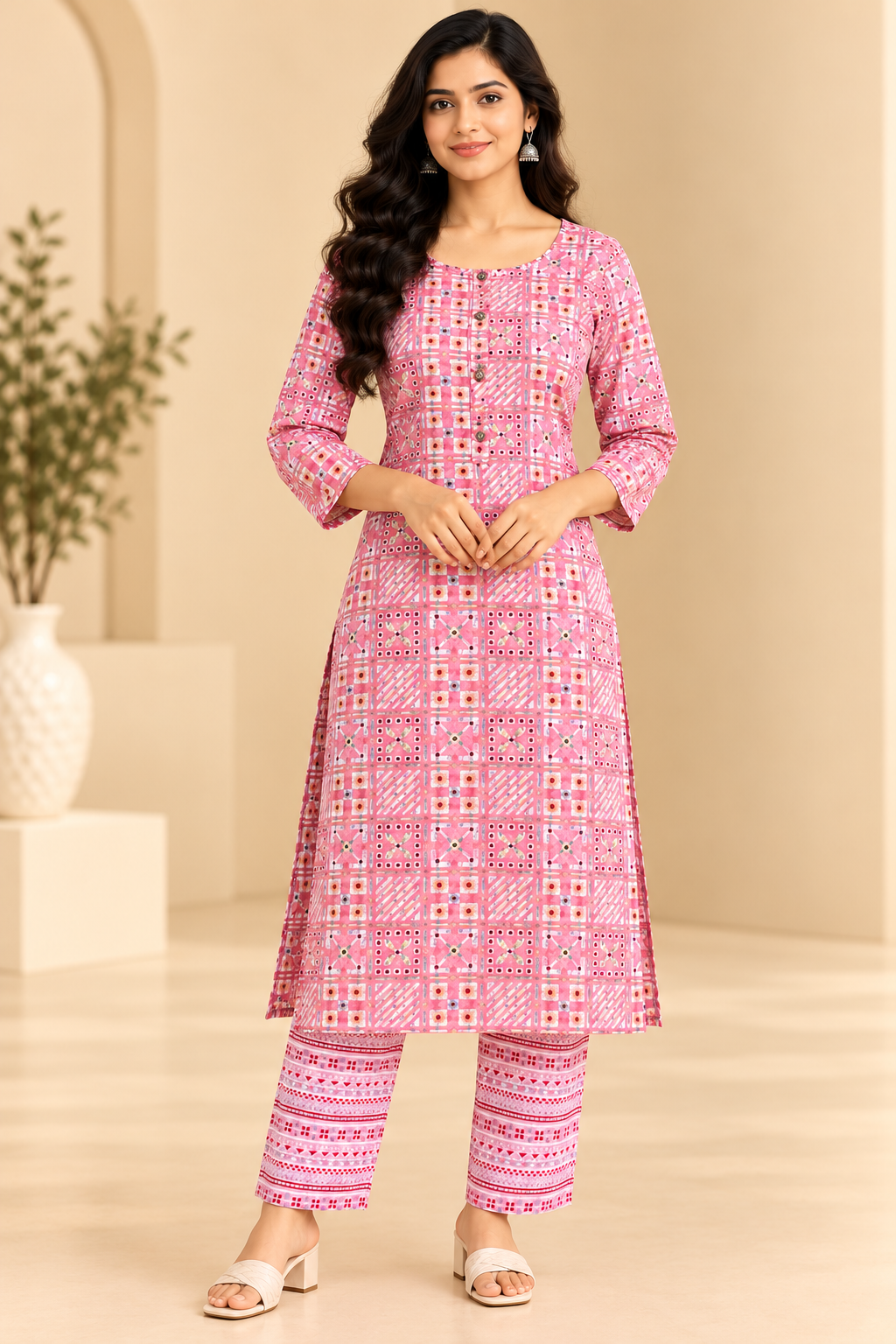 Women Pink Printed Kurta Pant Set | Geometric Print 2 Piece Ethnic Wear Thumbnail