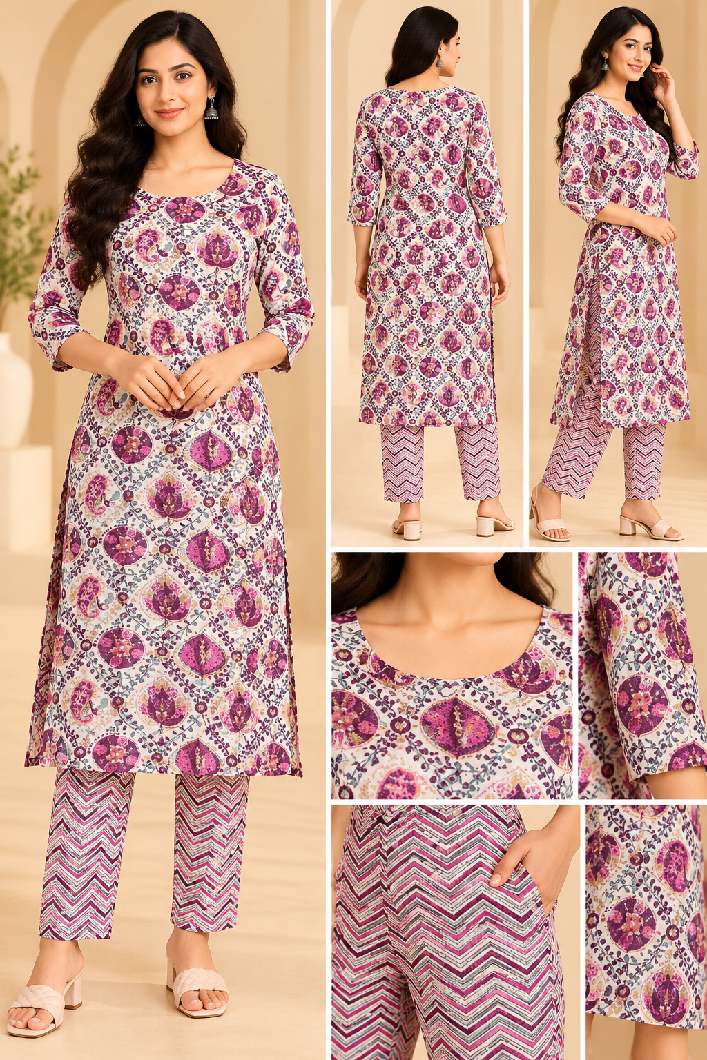 Women Cream Printed Kurta Pant Set | Magenta Paisley Print Ethnic Wear