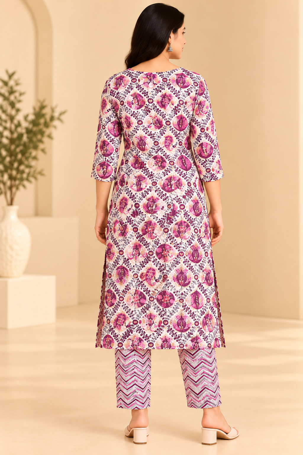 Women Cream Printed Kurta Pant Set | Magenta Paisley Print Ethnic Wear Thumbnail